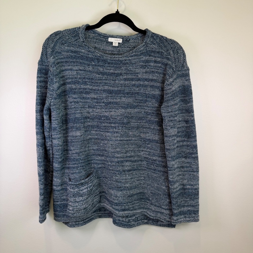 Pure Jill Womens Blue White Space Dye Cotton Knit Sweater Pocket Small Petite